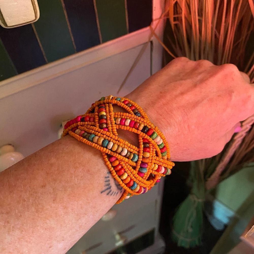 Multi Color Glass Bead & Wooden Beaded Cuff Bracelet